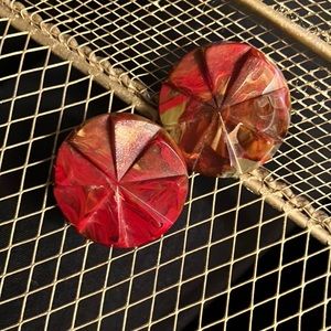 80’s Acrylic Comfort Clip-On Earrings Burgundy Khaki Large Button Windmill Geo